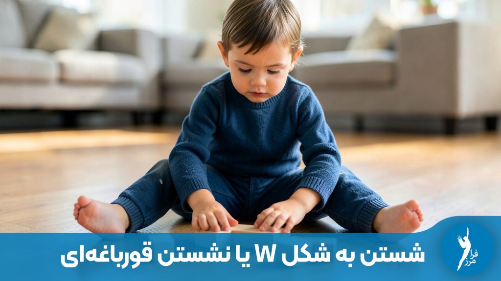 کودک خردسال در حال نشستن روی زمین به شکل W (قورباغه ای) در کنار تصویر گرافیکی از فشار وارد شده بر مفاصل زانو و لگن، بررسی عوارض و درمان در کلینیک ارتوپدی فنی.
